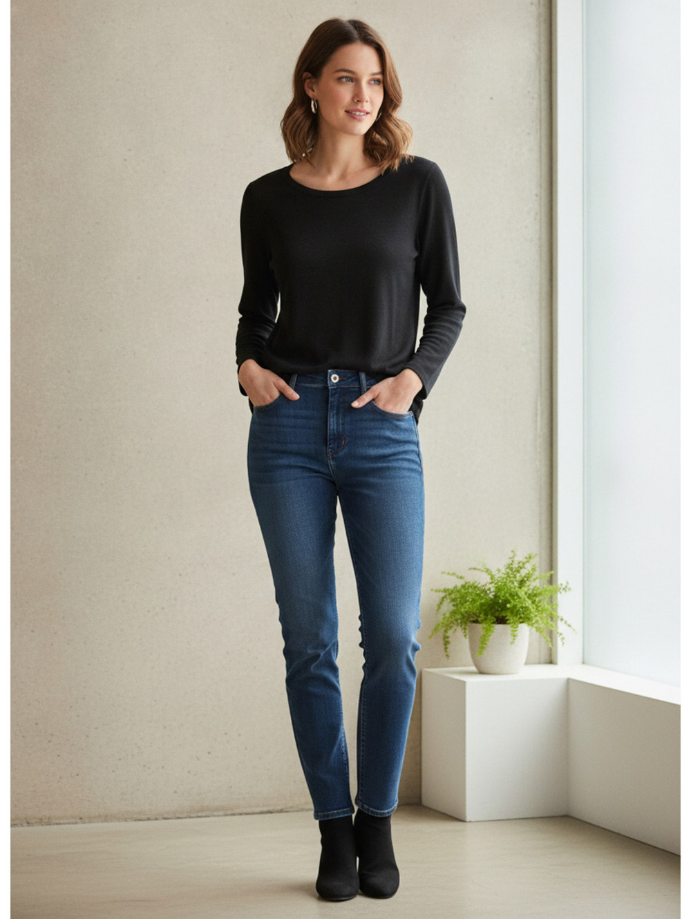 147 Sag Harbor Petite Black Long Sleeve Lightweight Knit Top Size PL